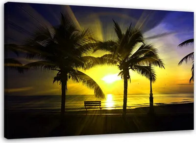 Produktbild von Leinwandbild palmen bei sonnenuntergang gelb 90x60 cm Feeby gelb wandbild bereit zum aufhängen