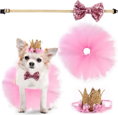 Produktbild von Partyzubehör für Haustiere zum Geburtstag – Tutu-Rock mit Fliege, Kronenhut und Paillettenfliege für Welpen, Katzen und Mädchen, rosa Outfit für Hunde, Hochzeitskleid, Geburtstagsparty