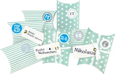 Produktbild von DIY Adventskalender Christkind zum Befüllen türkis Sterne und Streifen,Ziffern blau