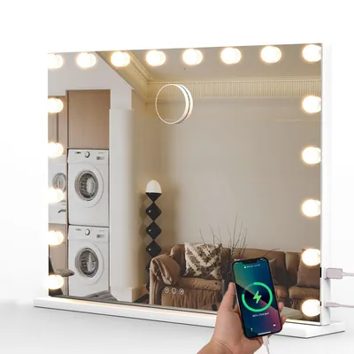 Produktbild von Hollywood Kosmetikspiegel 15 LEDs 58x46cm, mit Bluetooth Lautsprecher, 3 Farben Dimmbar Schminkspiegel, USB, TypC, 10x Vergrößen, mit Touchscreen