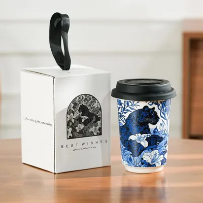 Keramik-Kaffeetasse mit Deckel, Leopardenmuster, 300 ml, Blau