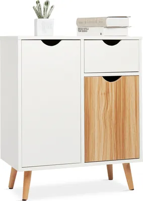 Produktbild von Mondeer Beistellschrank Kommode Sideboard mit Schublade 60 x 73 x 30cm Weiß - Eiche