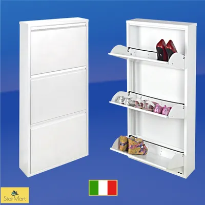 Immagine prodotto di Scarpiera italiana salvaspazio con 3 cassetti, contiene fino a 9 paia di scarpe o stivali in soli 14 cm di profondità - in acciaio, bianco