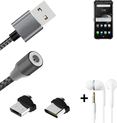 Produktbild von K-S-Trade® Hochwertiges Magnet-Lade-kabel Sync-Kabel Daten-Kabel + Kopfhörer kompatibel mit Ulefone Armor 7E mit USB-Typ-C-Anschluss und