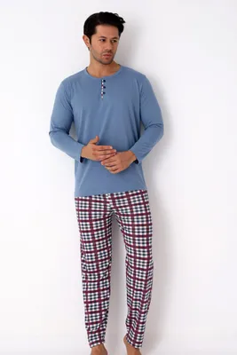 Produktbild von Herren Pyjama Set Schlafanzug 100% Baumwolle Langarmshirt Knopfleiste Karo Hose L-3XL