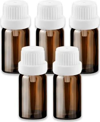 Produktbild von 5x Braune Glasflasche 10 ml mit weißem Tropfer Tropfeinsatz leer Set