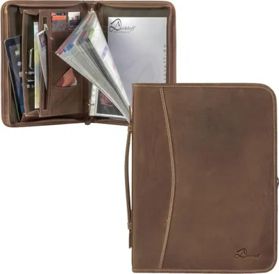 Produktbild von Dethloff Konferenzmappe mit Reißverschluss A4 Leder Hunter braun used Look Ringbuchmappe Orgamappe Schreibmappe