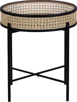 Produktbild von BELIANI Beistelltisch Beige Rattan Rund ⌀ 36 cm mit Metallgestell Schwarz Wiener Geflecht Boho Stil Wohnzimmer Schlaffzimmer Sofatisch