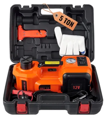 Imagen del producto de Gato hidráulico, con una capacidad de elevación de 5 toneladas, y un inflador de neumáticos integrado. Capacidad: 5 toneladas