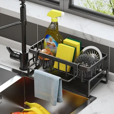 Productafbeelding van Spoelbak organizer, sponshouder, zwart, 23x9x10cm, koolstofstaal, met afdruipbak