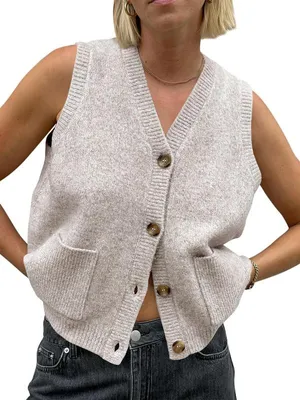Produktbild von Imily Bela Damen Ärmellose Strickweste – Modischer, lässiger Sommer-Cardigan mit V-Ausschnitt, Knopfleiste und Taschen