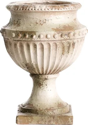 A single, antique-looking beige planter pot is shown against a white background.