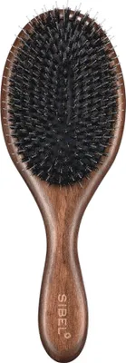 A Sibel Decopad L hairbrush with wooden handle and black bristles.