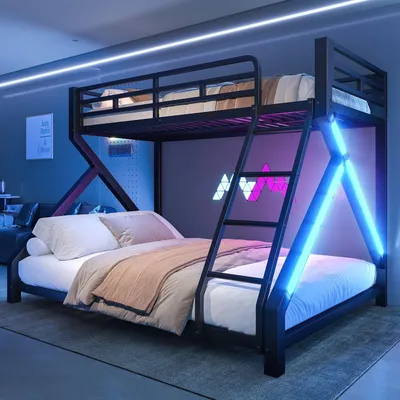 A modern metal bunk bed with LED lighting in a bedroom setting.