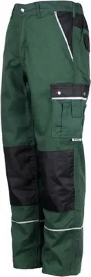 A pair of green work pants with black accents and reflective stripes.