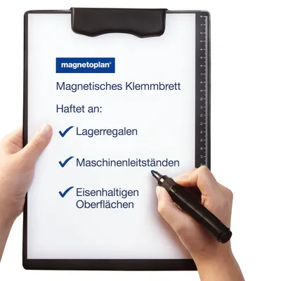 A clipboard with text and checkboxes, held by two hands, one writing with a marker.