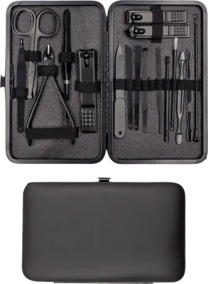 Image de Intirilife Set de manucure de 18 pièces en acier inoxydable noir avec étui de rangement - outil de pédicure coupe-ongles ciseaux lime pincette etc