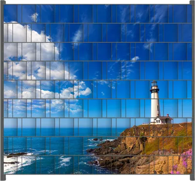 Produktbild von Wallario Zaunsichtschutz mit Motiv Leuchtturm auf einem Felsvorsprung - Blauer Himmel für Ein- und Doppelstabmatten Zäune in der Größe 200 x 180 cm