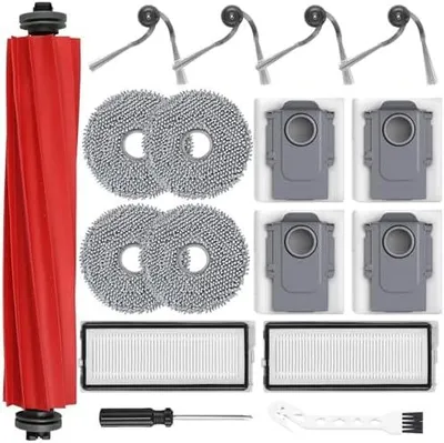 Produktbild von 17 Stück Zubehör für Roborock QV 35A/QV 35S Saugroboter, 1 Hauptbürste, 4 Staubbeutel, 2 Filter, 4 Wischpads, 4 Seitenbürsten, 1 weiße Hakenbürste und 1 Schraubendreher