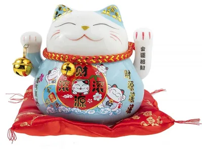 Maneki-Neko-Figur, Porzellan, blau, 10x12x10 cm, beweglicher Arm