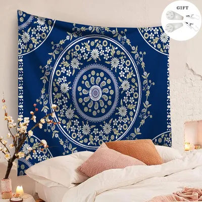 Image de Tapisserie murale Bohème, Zodight Mandala Médaillon Floral Tapisserie Hippie avec Design Couronne Blanc Esthétique,Marineblau/150X130CM