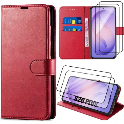 Image de Coque + 2 Verres Trempés pour Samsung Galaxy S26 Plus, Protection Flip Case Anti-Rayures Antichoc Synthécuir - Rouge