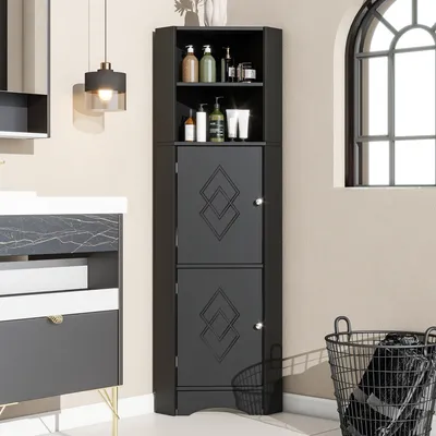 A black corner cabinet with shelves and doors, placed in a bathroom setting next to a sink and a window.
