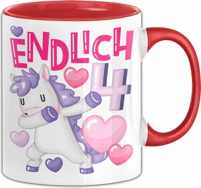 Produktbild von 4. Geburtstag Geschenk Tasse Becher Mädchen Einhorn Geburtstagsgeschenk Tochter Endlich 4 (Rot)