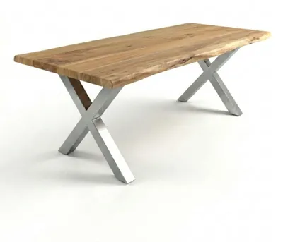 Produktbild von Baumkantentisch Cali 350 x 120 cm, Akazienholz massiv naturfarben, 50 mm Tischplatte, Esstisch mit X-Metallgestell Silber, Industrial-Design