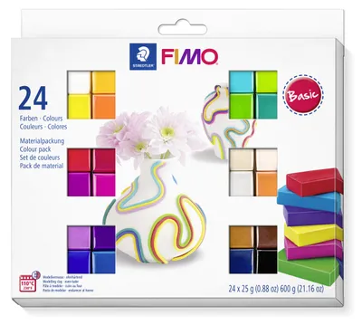 Produktbild von STAEDTLER FIMO soft 8023 ofenhärtende Modelliermasse Materialpackung "Basic Colours" mit 24 Halbblöcken je 25g