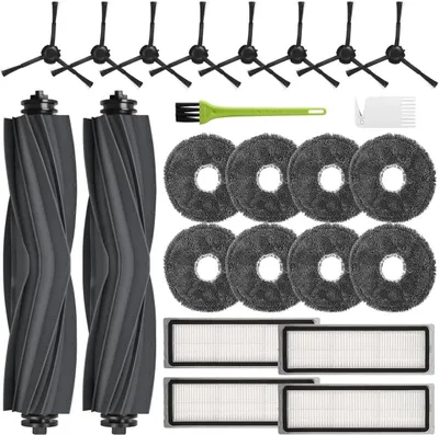 A collection of robot vacuum cleaner accessories laid out on a white background.