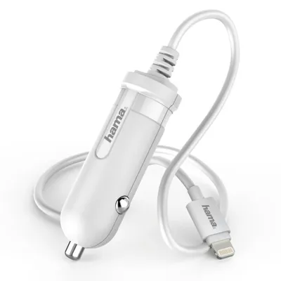 A white car charger with a lightning connector is shown on a white background.