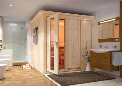 Produktbild von Karibu Sauna Innensauna Rodin Fronteinstieg ohne Zubehör 210x210x202 cm mit Dachkranz mit Energiespartür