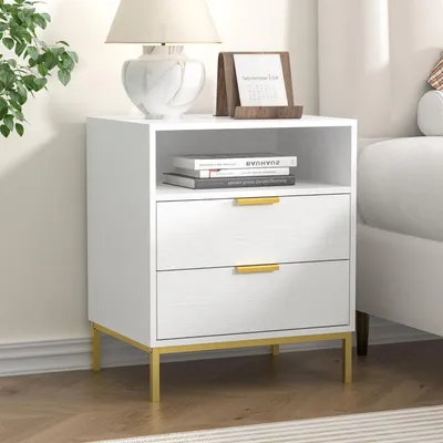Immagine prodotto di Tavolino da notte bianco in legno, design moderno, con 2 cassetti e ripiano aperto, dimensioni 50 x 40 x 60 cm