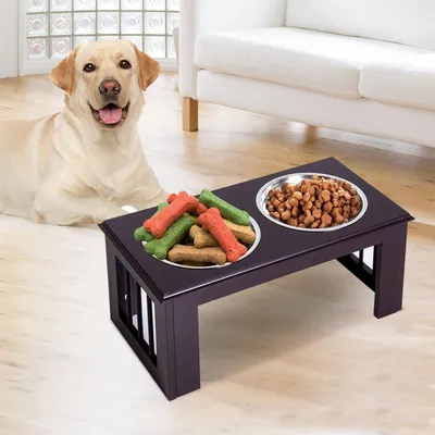 Zdjęcie produktu dla Podwójna miska dla psów – stal nierdzewna i MDF | Kolor: czarny | Wymiary: 30,5 x 58,4 x 25,4 cm