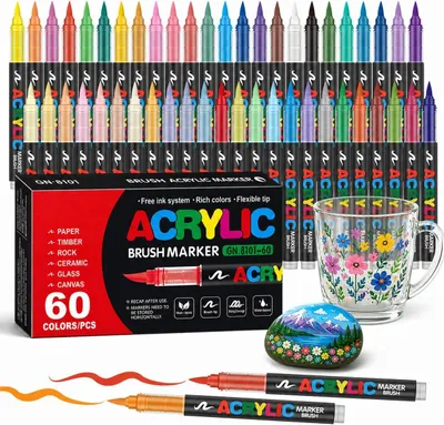 Imagen del producto de 60 rotuladores acrílicos con punta de pincel flexible, de 1 a 5 mm, a base de agua