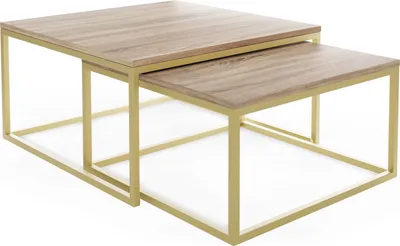 Produktbild von Rechteckige Quadratische Satztische Couchtische mit Gold Gestell - Loft Style Couchtische Metallbeine - 2 in 1 - Zwei Industrielle Getrennte Tische für Wohnzimmer - Sonoma Eiche