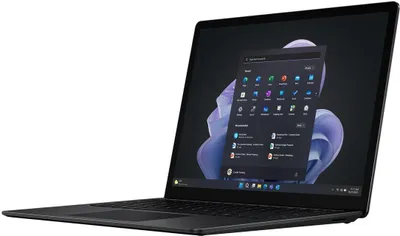 A black Microsoft Surface Laptop 5 is shown from a side angle, open and displaying its screen.
