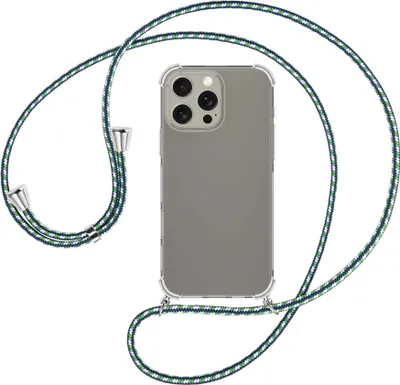 Produktbild von Handykette Backcover-Schutzhülle mit Band (Metall silberfarben) für iPhone 16 Pro Max - grün/blau/weiß