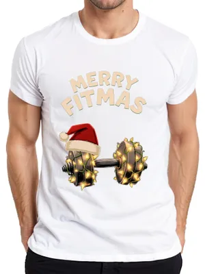 Zdjęcie produktu dla Koszulka męska Merry Fitmas z motywem świątecznym i zabawnym nadrukiem, biała, rozmiar XL