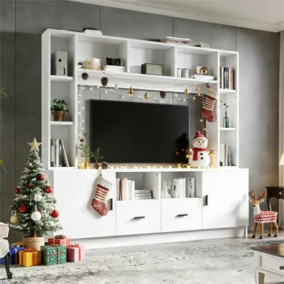 Zdjęcie produktu dla Szafka pod telewizor 180 x 170 cm, biała, zestaw mebli pod telewizor do 60 cali, szafka multimedialna z witryną, 11 półek i 2 szufladami, nowoczesna szafka do montażu na ścianie