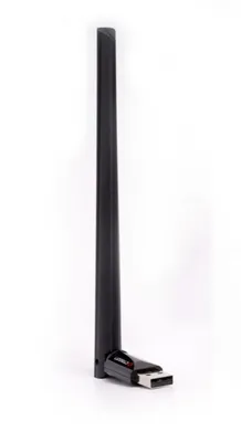 A black USB Wi-Fi adapter with a black antenna is shown against a white background.