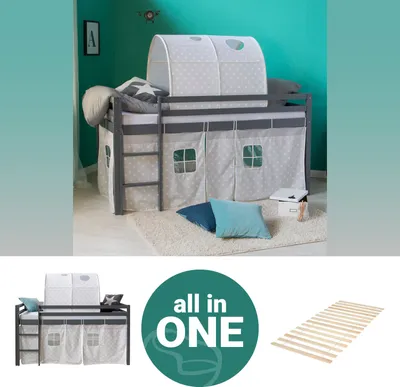 Produktbild von Homestyle4u Kinder Hochbett 90x200 grau mit Lattenrost Vorhang Tunnel
