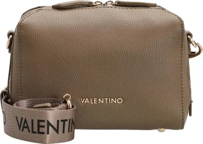 A brown Valentino handbag with a patterned strap is shown against a white background.
