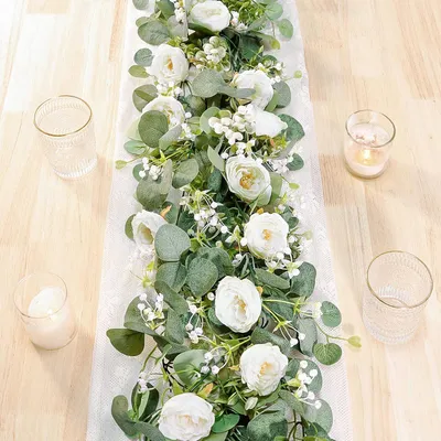 Imagen del producto de Guirnalda de flores artificiales, 2 unidades, con eucalipto y flores blancas, ideal para bodas