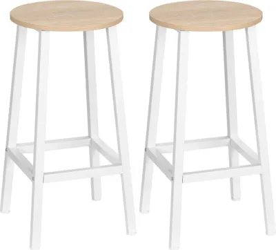 Produktbild von HOMCOM 2er-Set hoher Küchenhocker, Höhe 65 cm, Barhocker, Barstuhl mit Stahlbeinen und Fußstütze, für Wohnzimmer, Esszimmer, Bar, Belastung 75 kg, Naturholz und Weiß