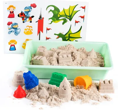 Productafbeelding van Kids Sensorisch Zand 1 kg, Set Kasteel Natuurlijk Zand, Magisch Speelzand voor Kinderen met 4 Mallen en Accessoires, Magisch Zandbak