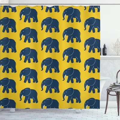 Obrázok produktu pre ABAKUHAUS Zvieratá Sprchový záves, modrý vzor slona v africkom štýle, 175 x 180 cm, tmavomodrá zem žltá