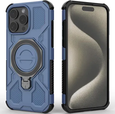 Obrázek produktu pro Odolný kryt na mobil pro iPhone 15 Pro Max, robustní pouzdro s prstenovým stojánkem, magnetický držák a stojánkem Modrý