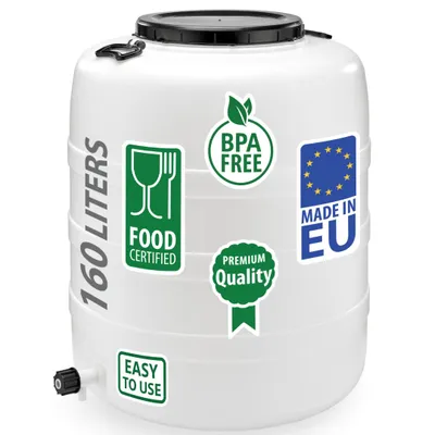 Produktbild von Weithalsfass Fasssilage Gepäcktonne Gärfass Gärbehälter Futtertonne 160 Liter mit Deckel Griffen Hahn Druck weiß